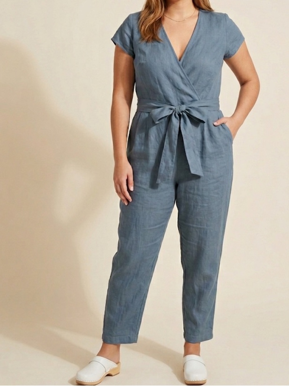 notPERFECTLINEN Linen Wrap Jumpsuit Size Medium Dark Teal Pockets
